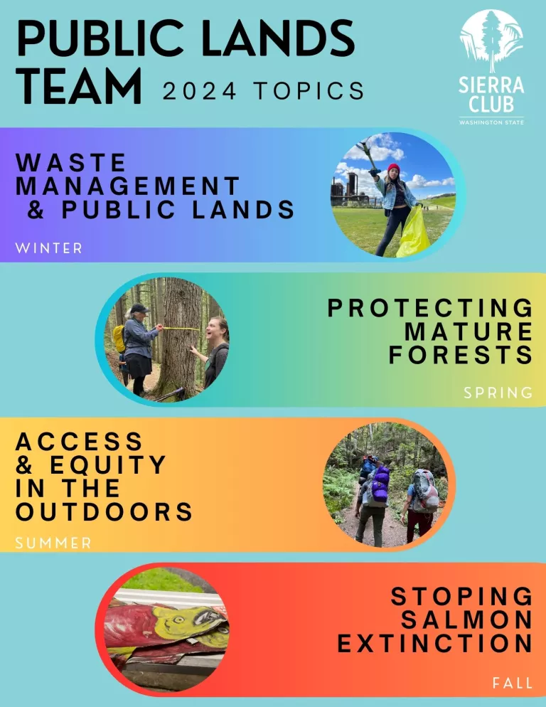 Flyer for Public Lands Team topics for 2024. Winter topic is Waste management and public lands; Spring topic is Protecting Mature Forests; Summer topic is access and equity in the outdoors; fall topic is stoping salmon extincion