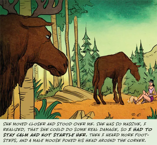 Illustration of another moose watching the woman and the moose
