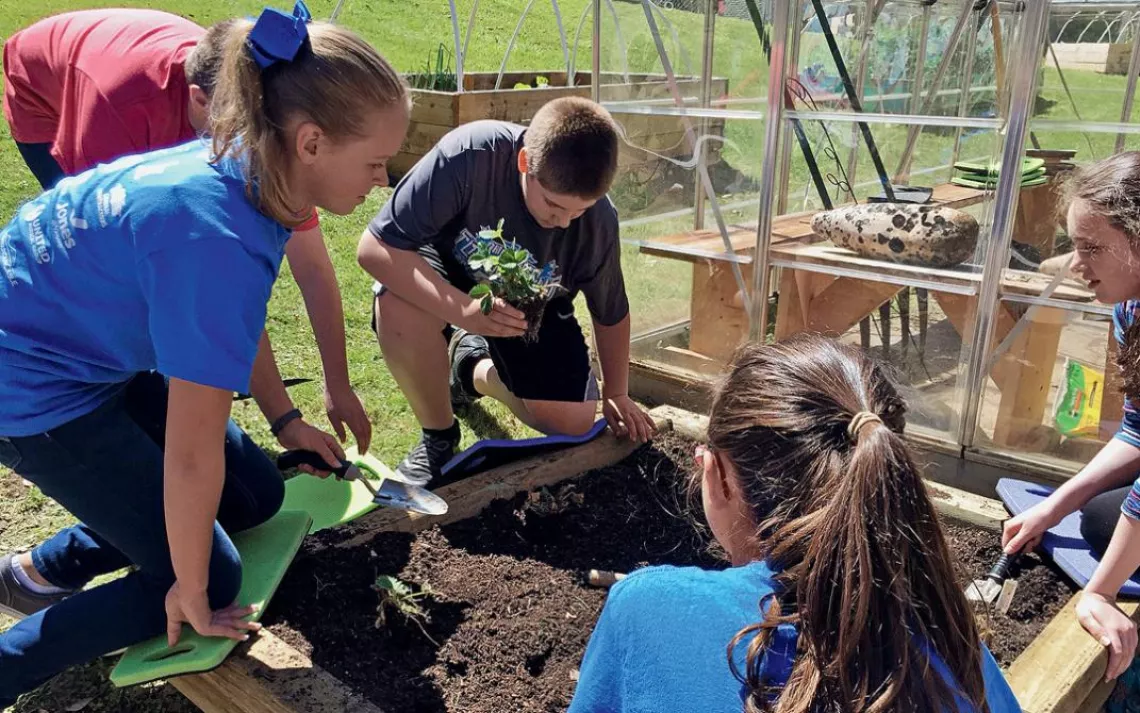 Sixth-grade students plant strawberries in the garden at Pikeville Elementary School in Kentucky. 