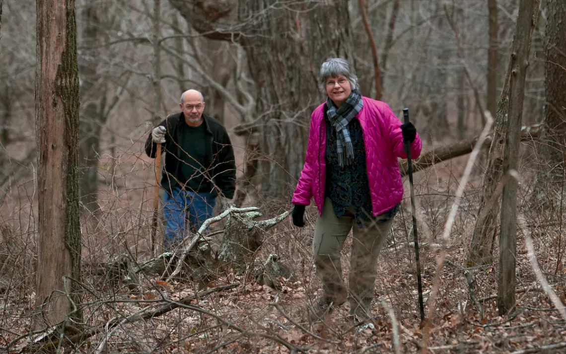Bill and Lynn Limbert walk their property near the western edge of the George Washington and Jefferson National Forests. This swatch of virgin timber lies in the pipeline's path.