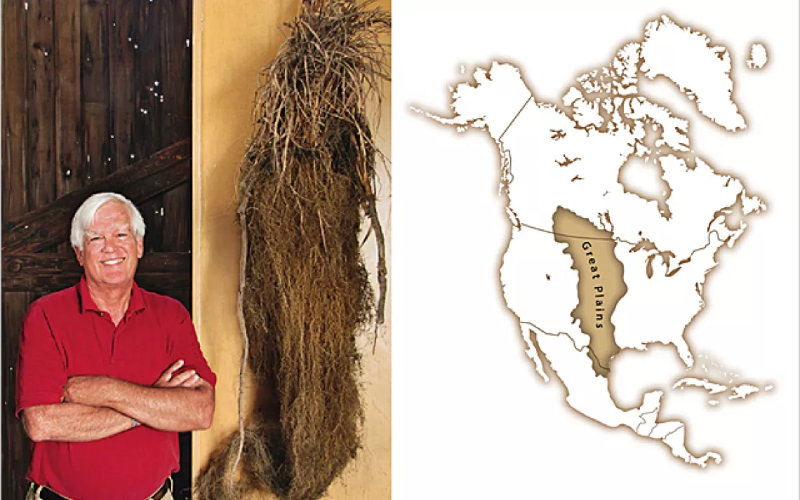 The Land Institute's Ken Warren with deep-rooted grass. Right: The Great Plains stretch from Mexico to Canada.
