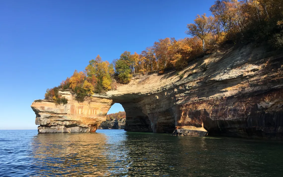 Leaves are changing colors above Lake Superior and Lovers Leap, Pictured Rocks National Seashore