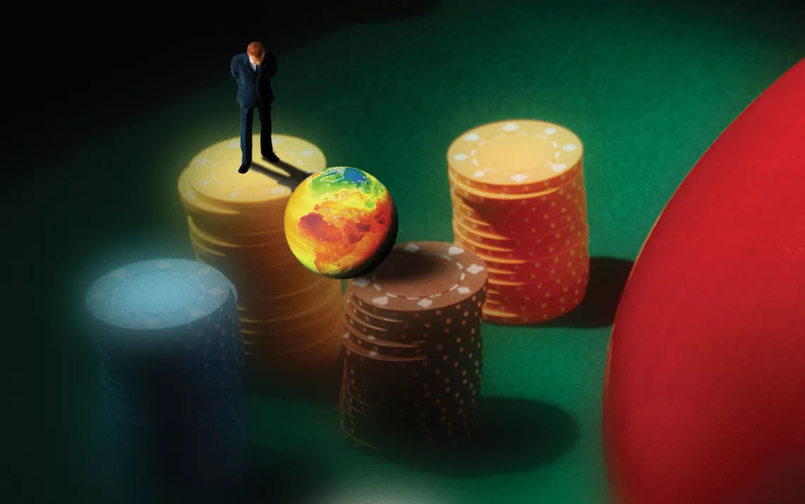 Illustration shows four stacks of chips next to a roulette wheel, with a tiny man standing atop one of the piles.