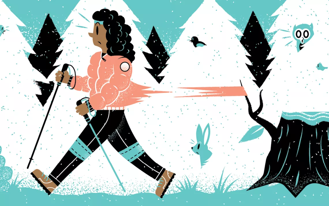 Illustration of a woman hiking and snagging her coat on a tree branch