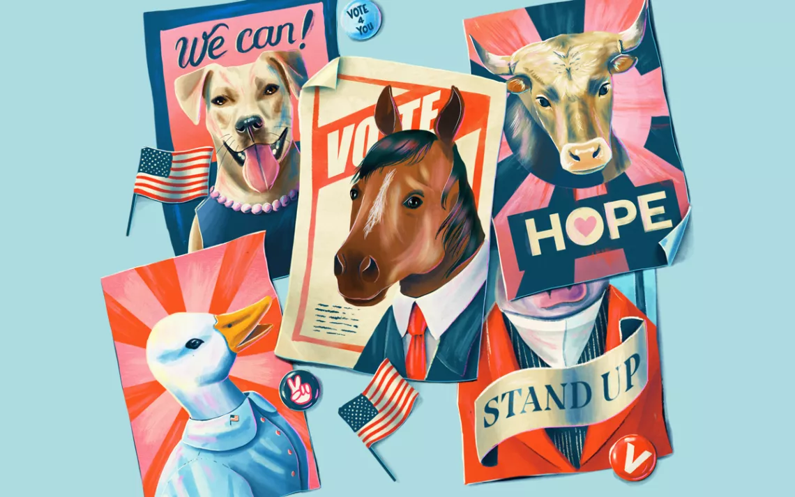 Illustration shows five posters with animals (a dog, horse, duck, bull, and pig) in professional attire with the slogans We Can!, Hope, Stand Up, and Vote.