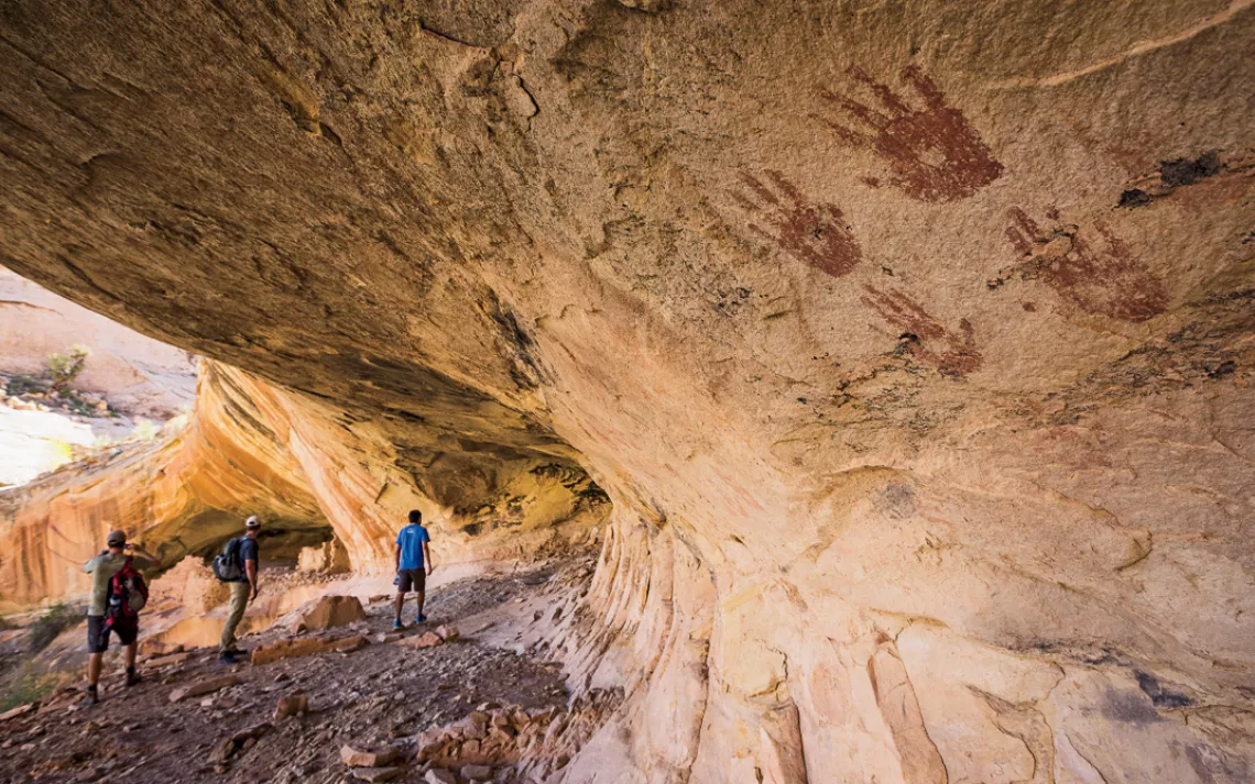 Like many other alcove walls in Cedar Mesa, Monarch Cave was decorated by Ancestral Puebloans with red handprints.