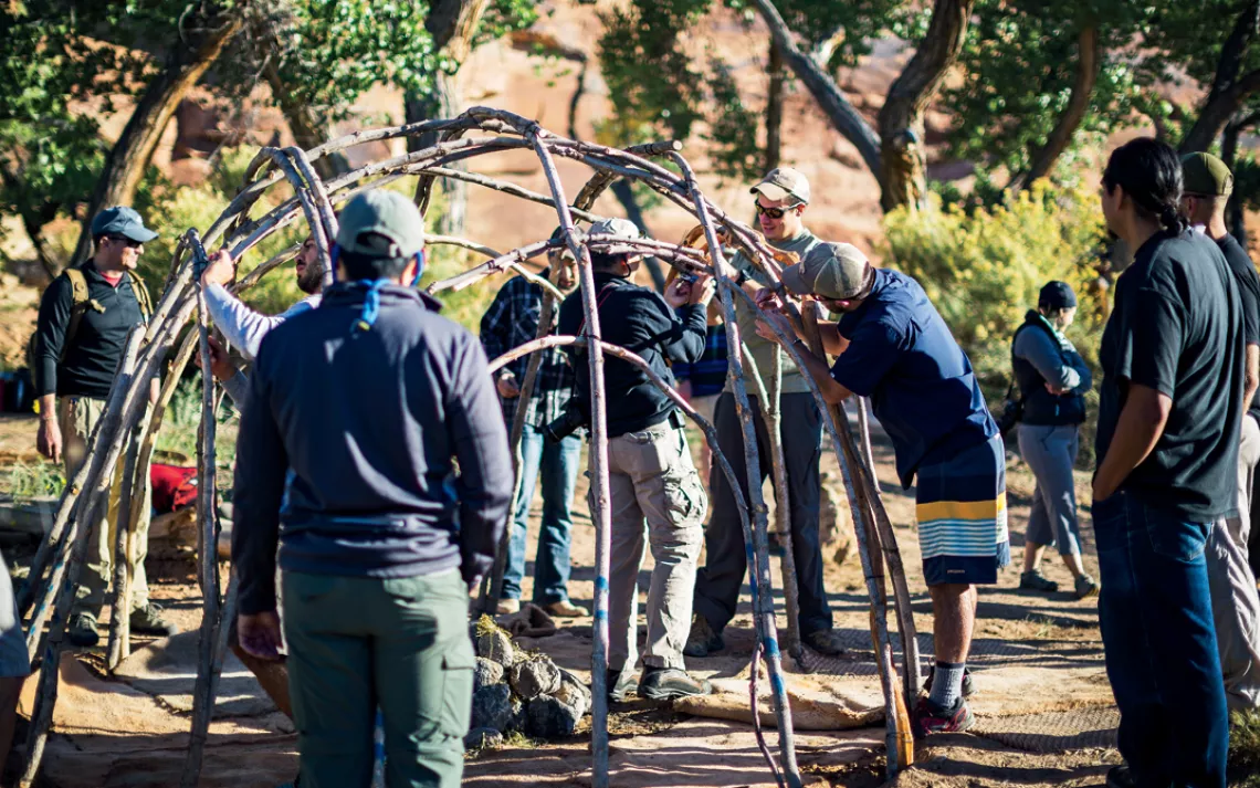 Veterans and members of the local Navajo community erect a sweat lodge near the San Juan River in southeastern Utah.