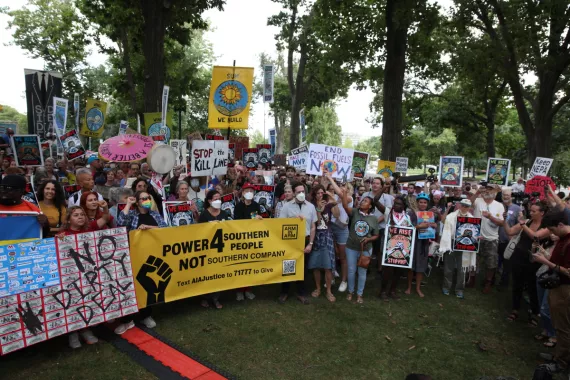 Frontline community members and activists gathered in front of the U.S. Capitol to stop the Mountain Valley Pipeline and the polluter side deal in September 2022. Photo by: Rick Reinhard