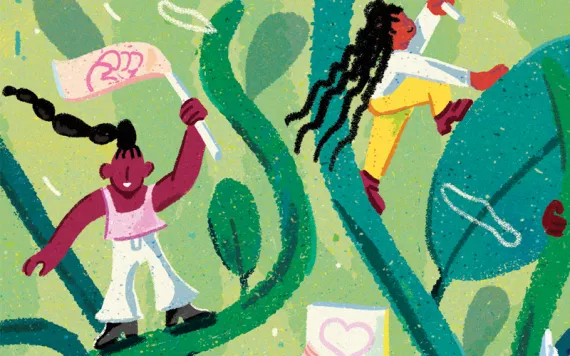 Illustration shows six miniature people of various stripes holding signs (one is of a heart). They're climbing on a vine.