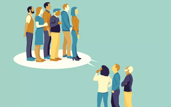 Illustration shows the power of small governmental actions: A woman talks to three other people, and those people talk to five people and that group speaks toward the sky.