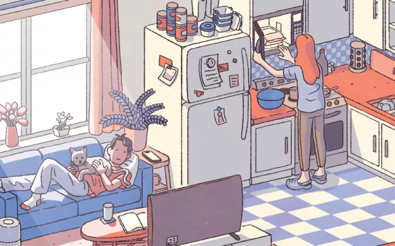 Illustration shows a cut-out of a kitchen and living room. A woman is putting a bag of popcorn in the microwave while a man lies on a couch with a cat.