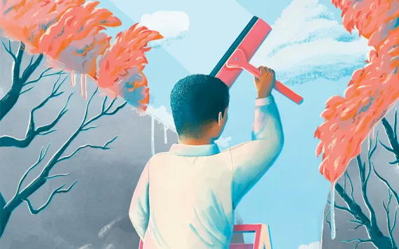 Illustration shows the back of man painting over an image of smokestacks spewing smoke, replacing them with a bright sky and healthy trees.