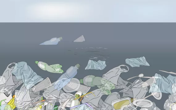 llustration shows a bunch of plastic waste (bags, bottles, cups, plates, straws, spoons, forks, knives) floating on a body of water.