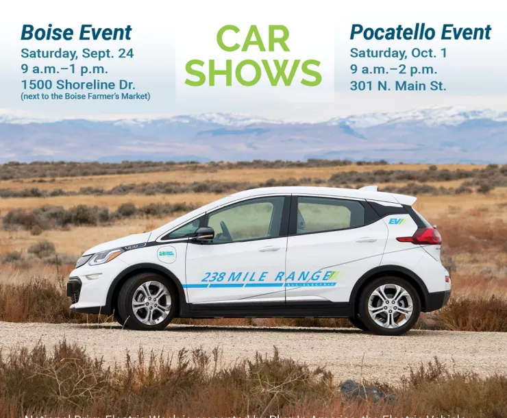 Car show ad, picture of white small electric car in desert landscape, event info