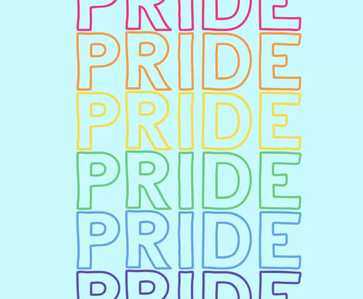 blue background with rainbow text that says "Pride" 6 times.
