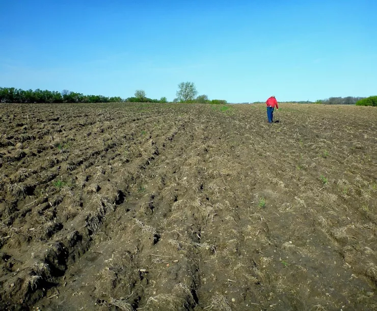 photo of a farmer walking his field before anything is growing