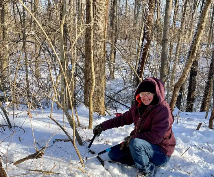 A woman dressed in warm clothing is cutting down an invasive plant in the snow.