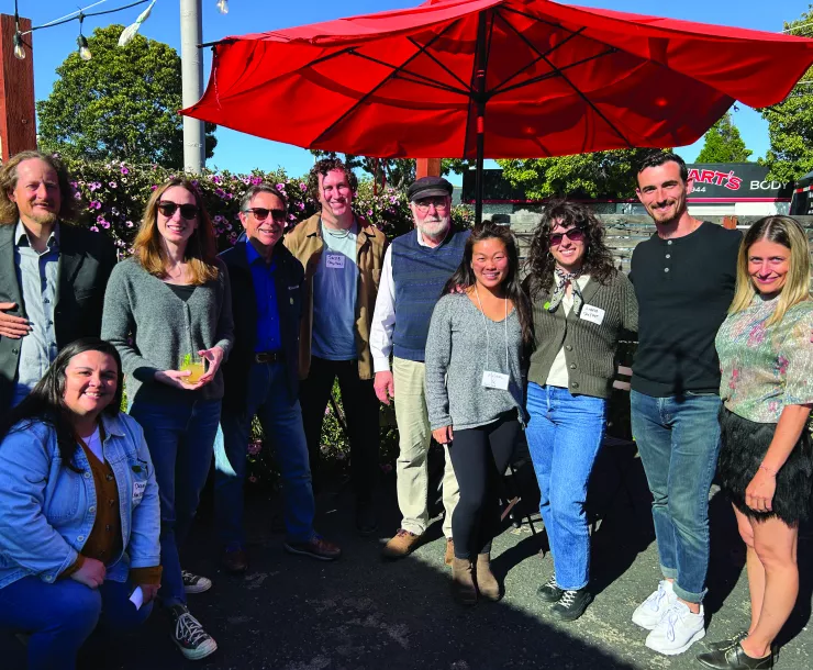 Group of Bay Chapter members gathered on the sunny patio of Factory Bar in Richmond at the May Chapter Mixer.