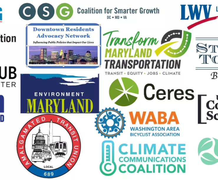 Logos of 15 groups who support the Transportation Climate Alignment Act 