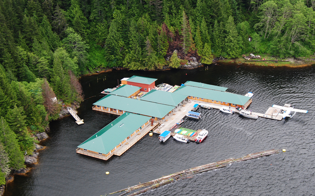 Knight Inlet Lodge is built on pontoons anchored in the inlet