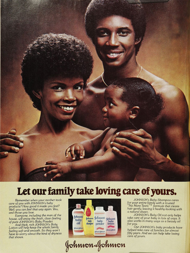 A vintage Johnson and Johnson ad for baby powder featuring a Black family.
