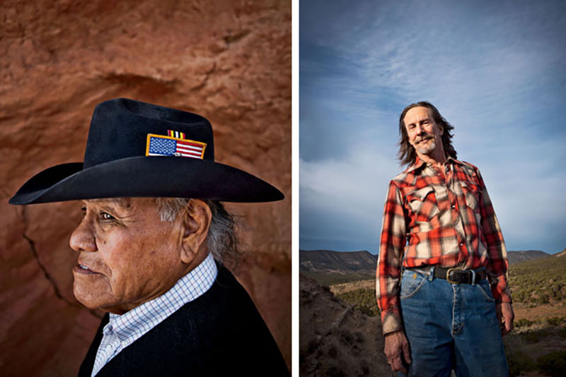 Left: Mescalero Apache elder Ted Rodriguez has lobbied New Mexico's congressional delegation to protect Otero Mesa and its petroglyphs. Right: Brooklyn-born Styve Homnick lives next to the Mescalero Apache reservation and works to protect Otero Mesa. | Ry