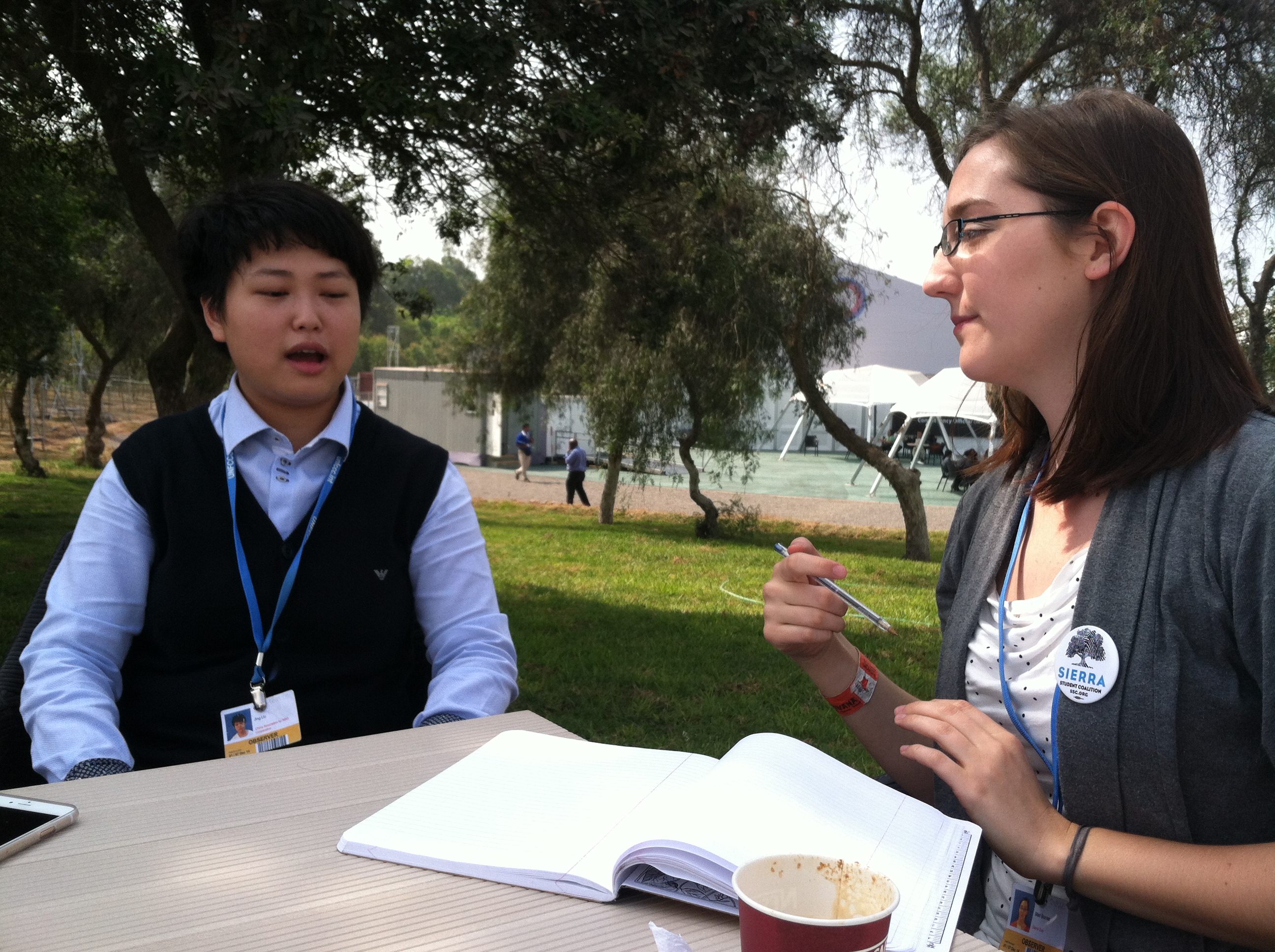SSC Delegate Mari interviews Chinese Delegate Jing Liu at COP20 in Lima, Peru