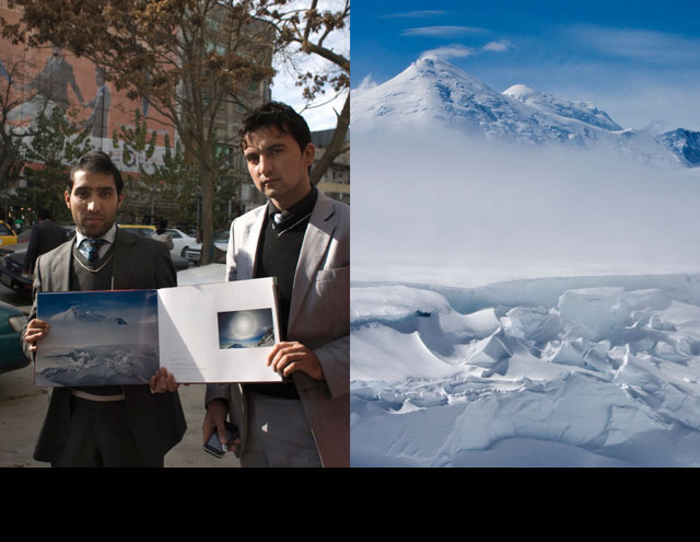 Nasir Khan (left), 26, and Sami Mallalai, 28, in Kabul's financial district, not far from the bank where they work. 'I can see this man has spent years taking pictures for this book,' Nasir said. 'He traveled a lot.' They hold photos of Mount McKinley (le