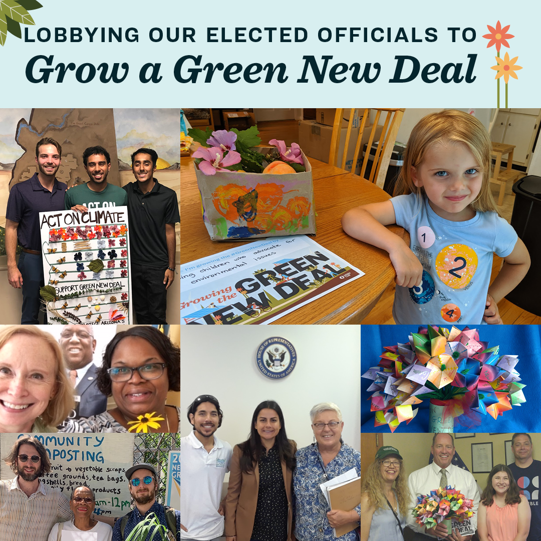 Pictures of people lobbying their elected officials for a Green New Deal. 