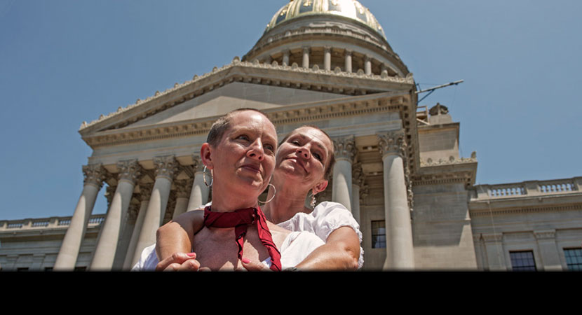 Marilyn Mullens (left) and Donna Branham on the steps of the West Virginia State Capitol. | Ami Vitale/Panos Pictures