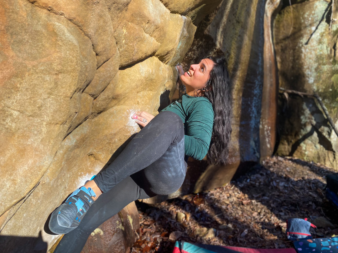 Briana Mazzolini-Blanchard climbs the bouldering route Cabbage Patch, which she hopes to complete by the end of the year
