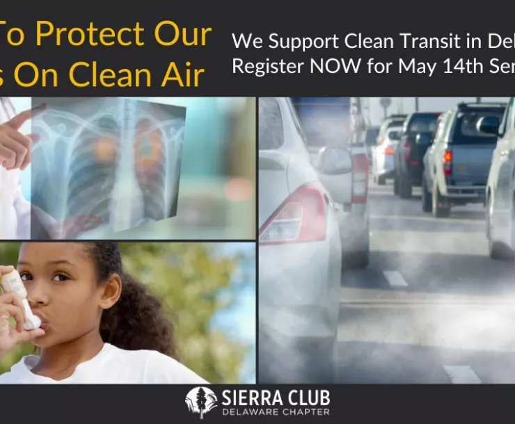Testify on May 14th to protect our progress on clean air. Image featuring doctor, child with inhaler, and cars with tailpipe smog