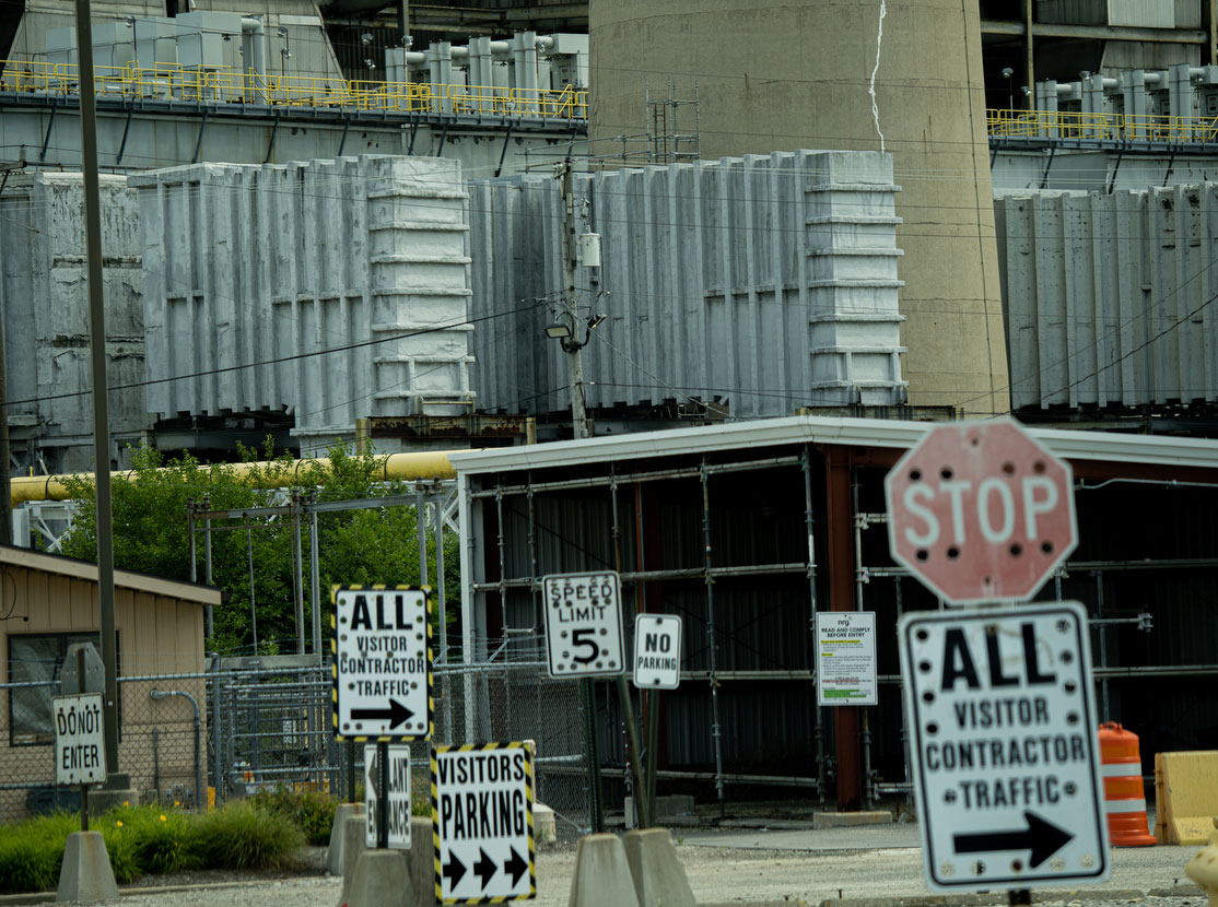Near the entrance to NRG Joliet Generating Station, a gas-fired power plant.