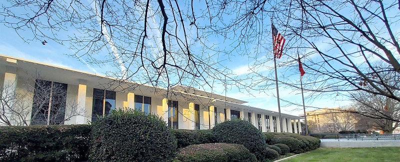 The south face of the N.C. Legislative Building is shown in a wide-angle view