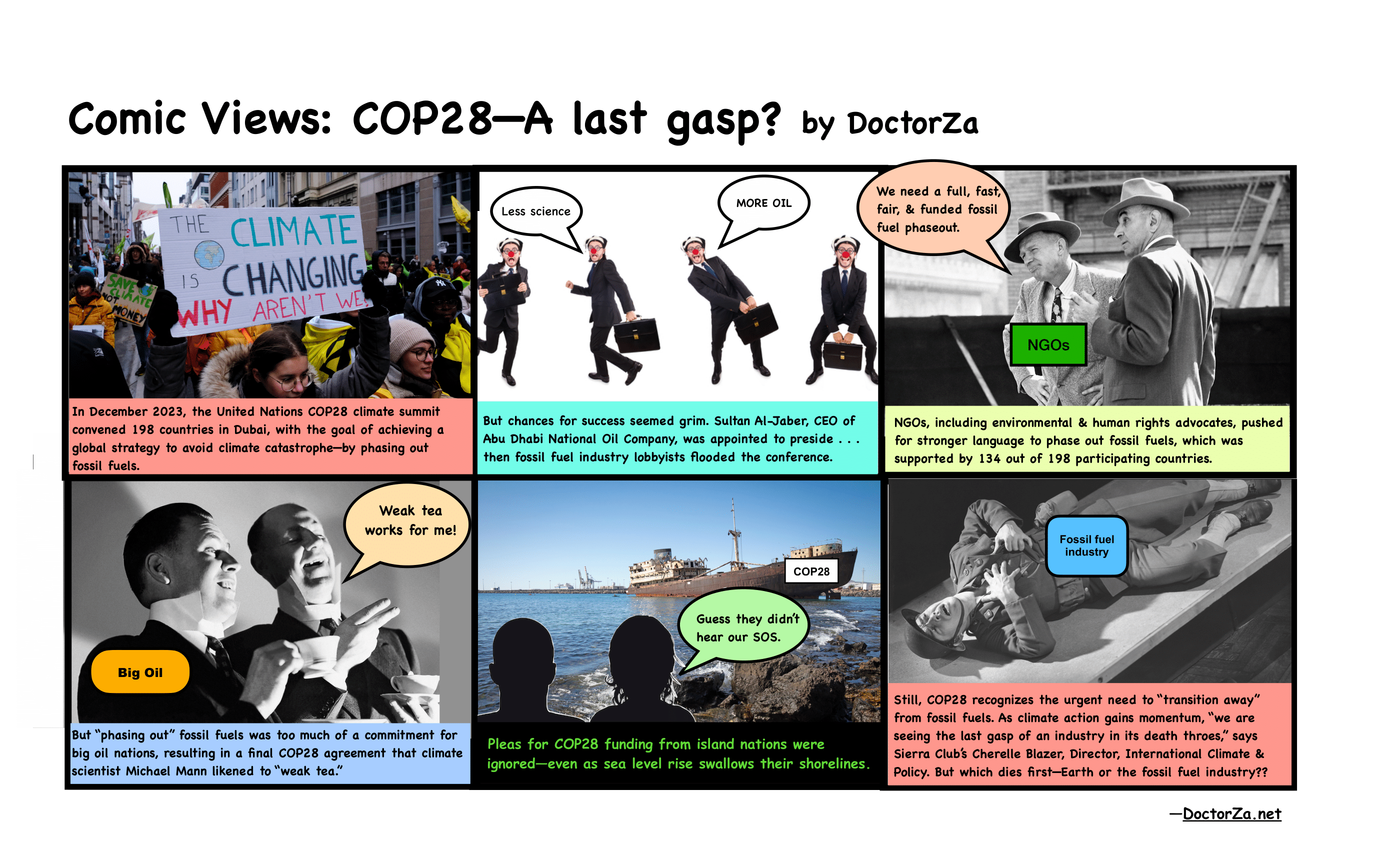 a 6 panel cartoon depicting the chaos at COP 28