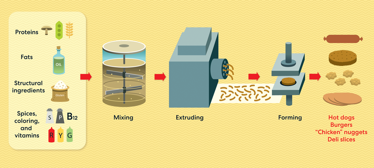 Illustration shows soy, pea, and potato proteins being made into meat equivalents.
