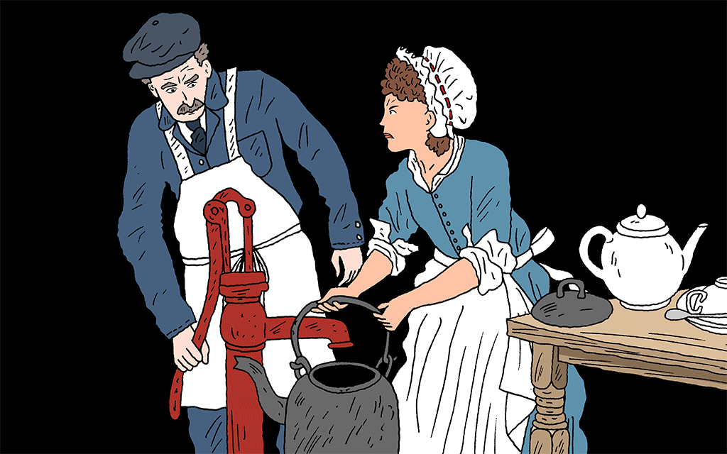 illustration of two people pumping water for tea