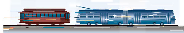 illustration of a cable car and a city bus