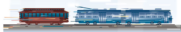 illustration of a cable car and a city bus