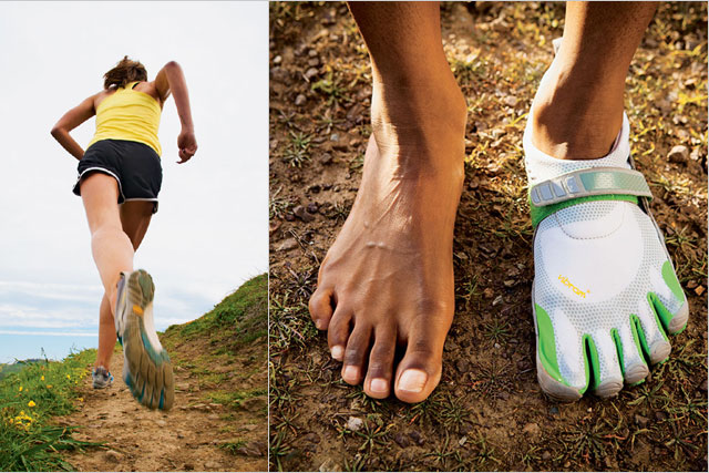person running and close up of running shoes with toes