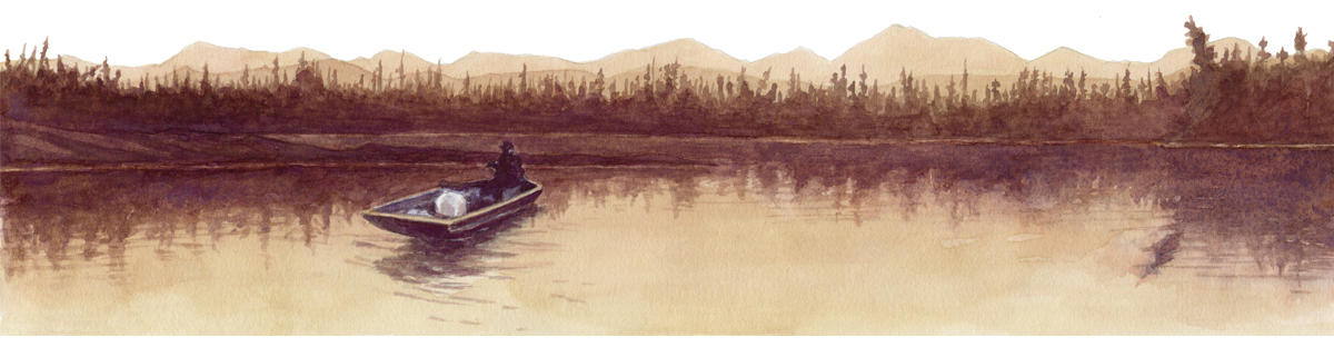 Illustration shows a small boat on a lake.