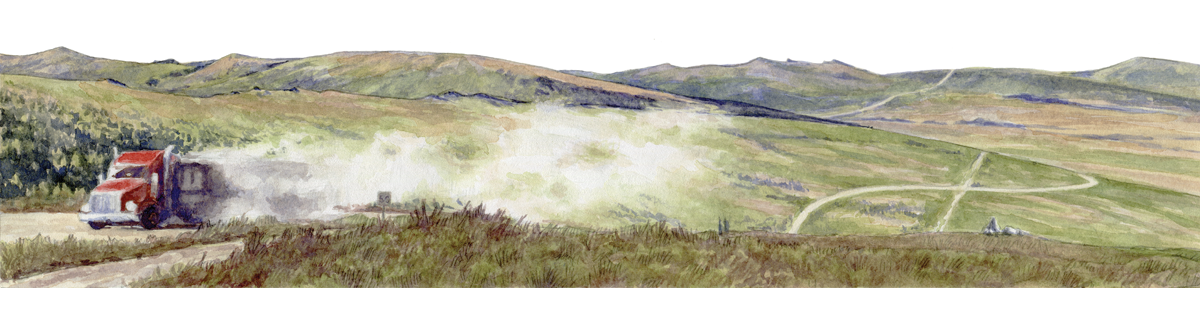 Illustration shows a semi-truck driving on a dirt road through rolling, green tundra.