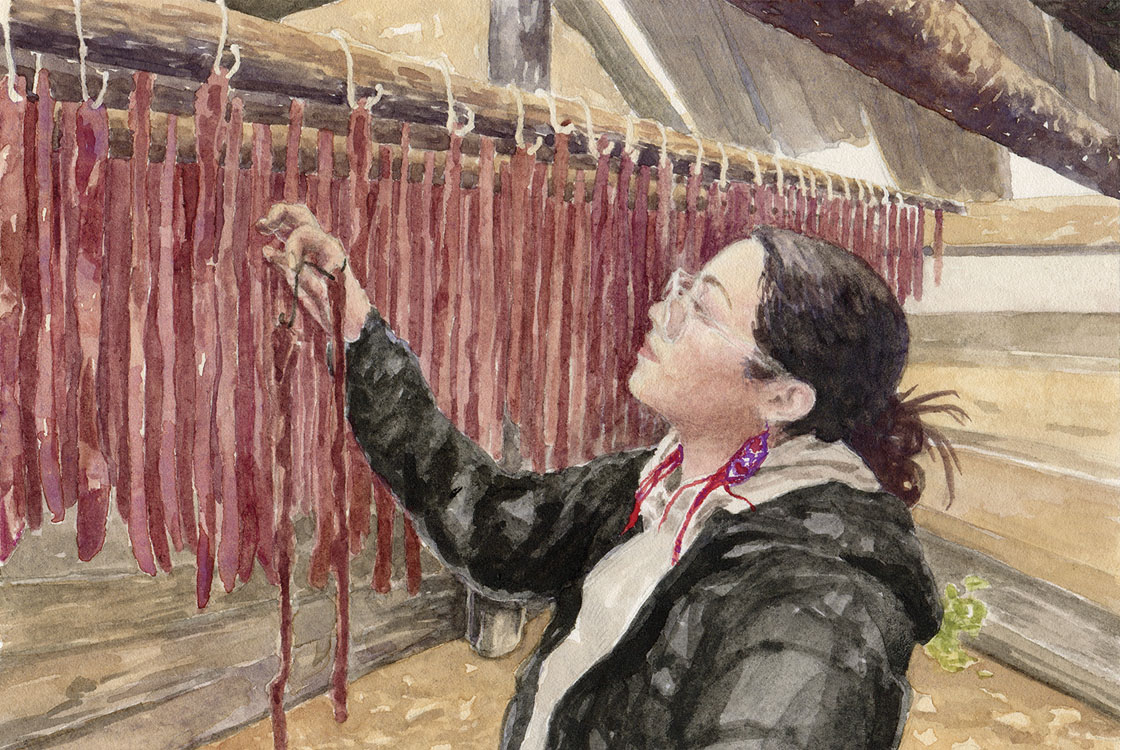 Illustration shows Jazmyn Vent in profile, hanging strips of red moose meat.