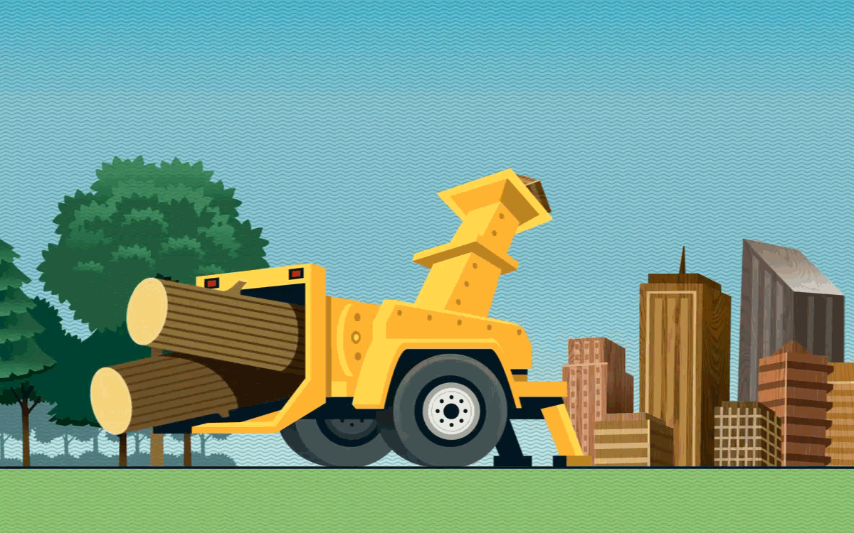  Illustration shows a forest and trees being fed into a yellow machine that spits out mass timber buildings