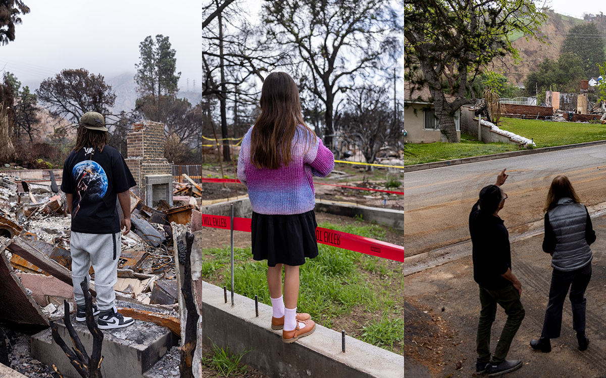 Three photos in a triptych showing different people in the same post, with their backs to the camera, surveying their land after a wildfire