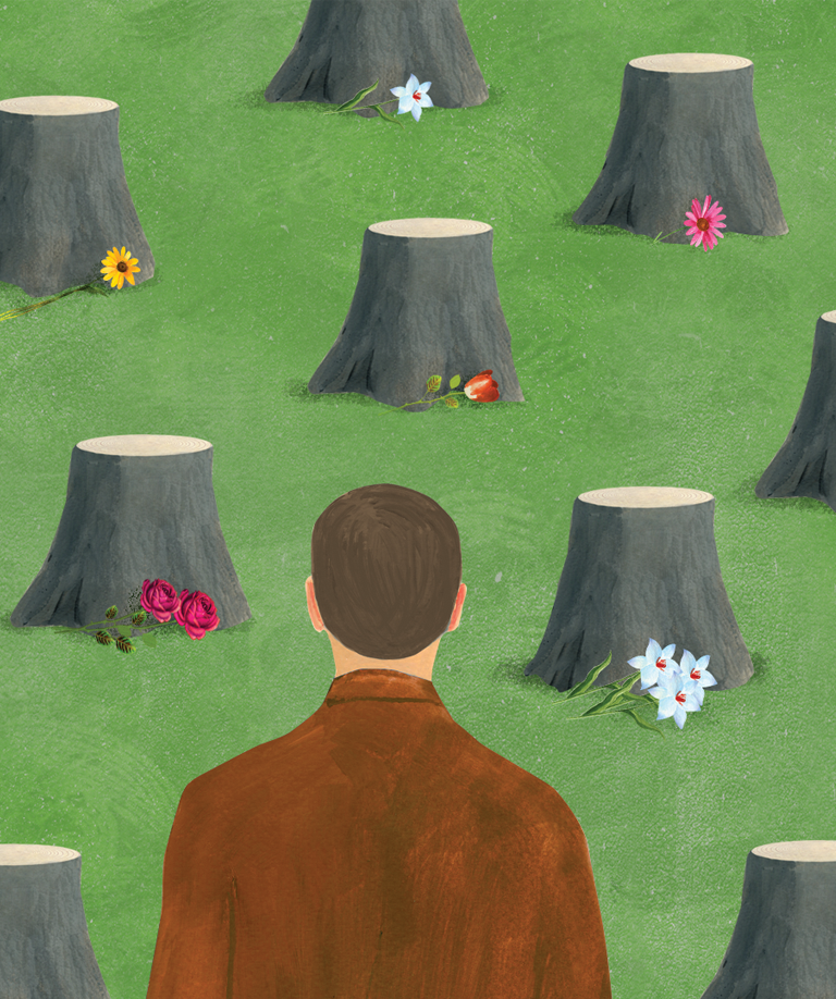  Illustration shows the back of a man looking out at a field of tree stumps with flowers at their bases.