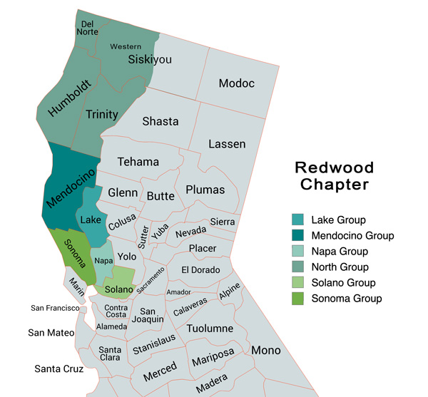 Map showing the Groups of the Redwood Chapter in different colors