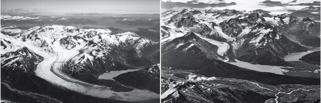Alaska's 20-Mile Glacier in 1938, left, and in 2007, right.