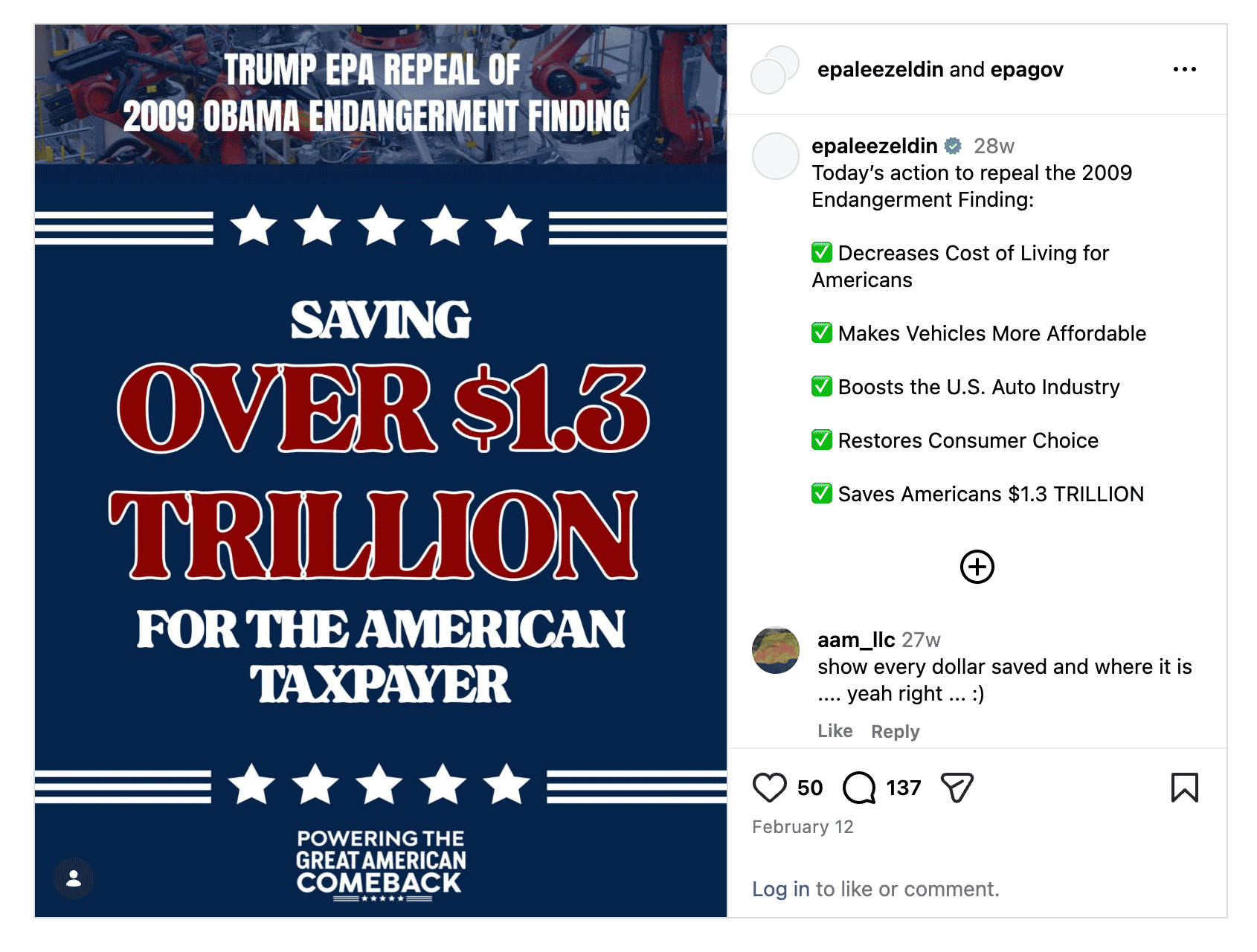 Instagram post from the EPA promoting the “Great American Comeback’ in February 2026.