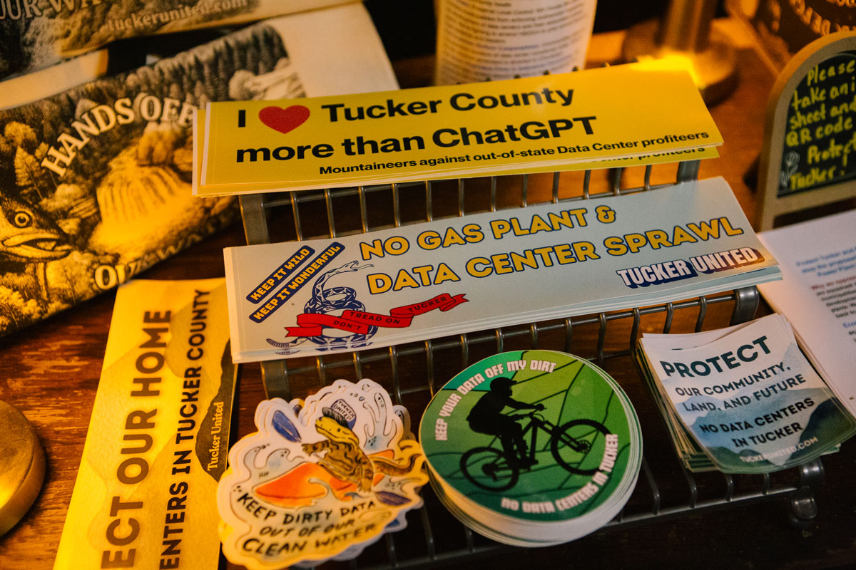 The activist group Tucker United created stickers opposing data centers in Tucker County.